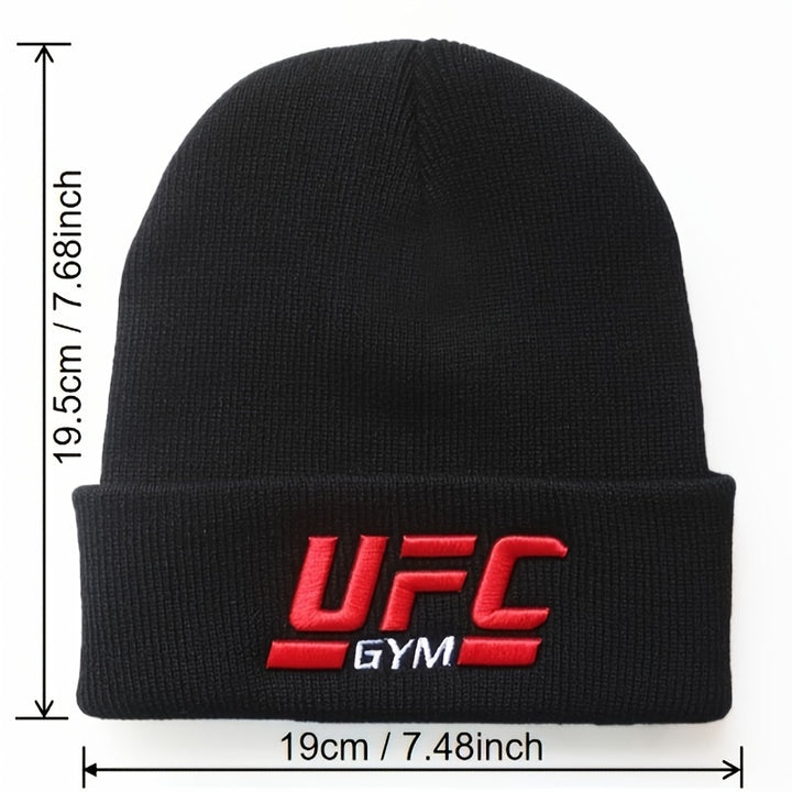 1pc Men's UFC-Inspired Knit Beanie - Black with Red & White Logo, 100% Acrylic, Stretchy Ribbed Winter Sports Hat, Hip Hop Style