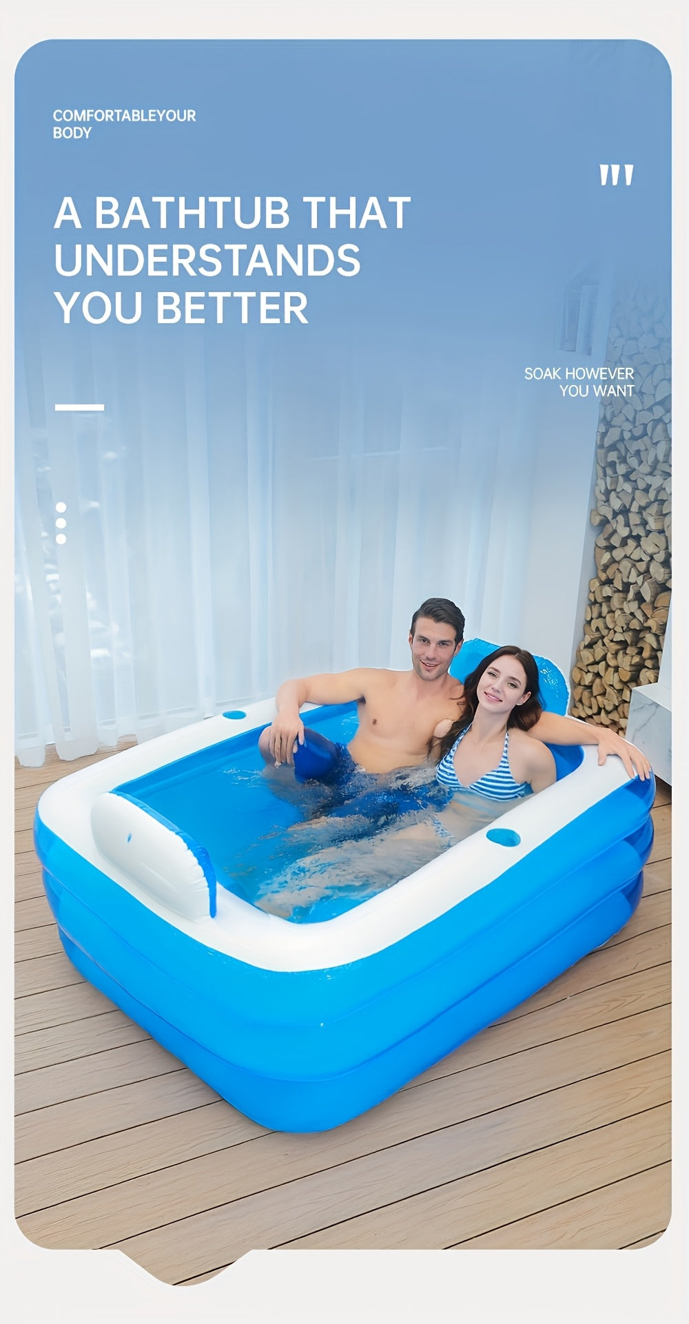 1pc Portable PVC Inflatable Hot Tub with Backrest, Durable Foldable Spa Bathtub with Drain Plug, Ideal for Bathroom Soaking, Perfect Christmas & New Year Gift for One or Two