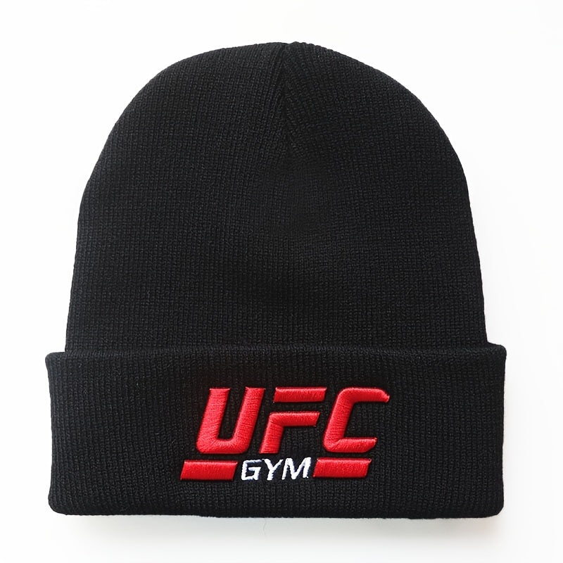 1pc Men's UFC-Inspired Knit Beanie - Black with Red & White Logo, 100% Acrylic, Stretchy Ribbed Winter Sports Hat, Hip Hop Style