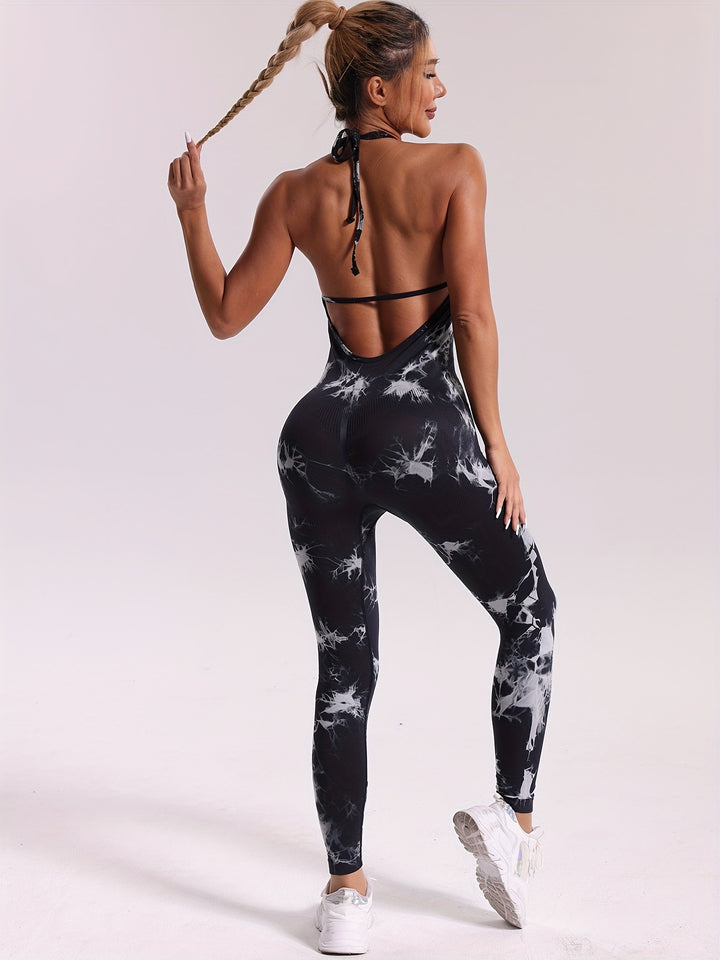 Tie Dye Halter Neck Sports Jumpsuits, Seamless Backless Sexy Yoga Workout Catsuit, Women's Activewear