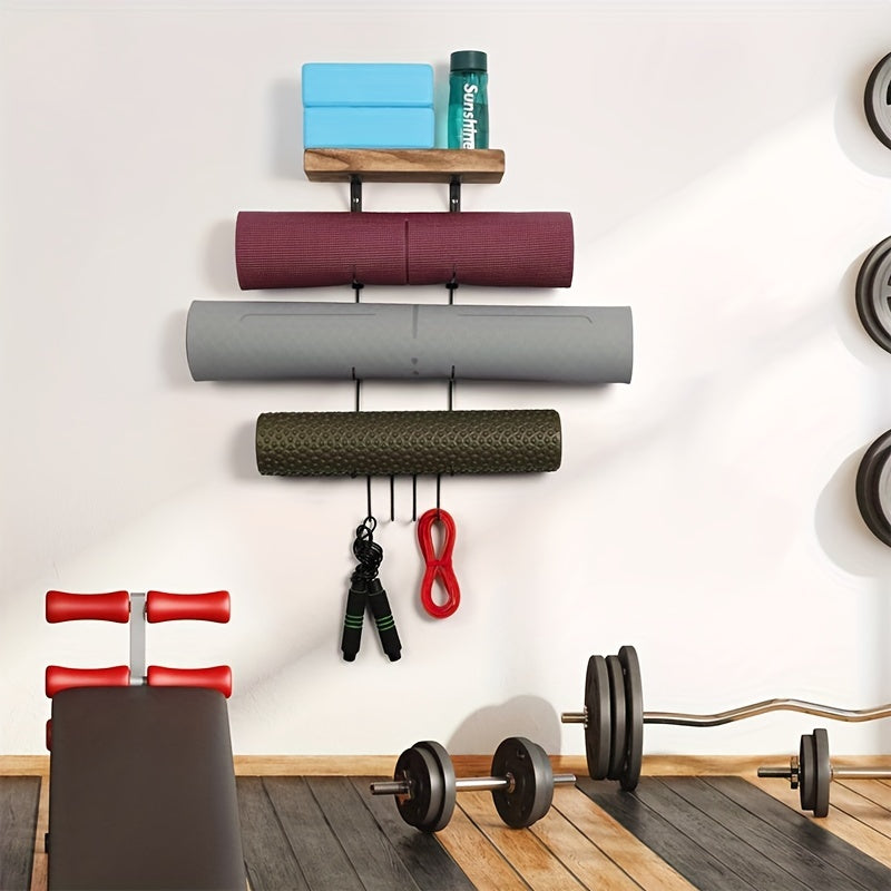 Yoga Mat Holder Accessories Wall Mount Organizer Storage Decor Foam Roller and Towel Storage Rack with 4 Hooks and Wooden Shelves Yoga Mats Rack Resistance Bands for Home Gym School Office