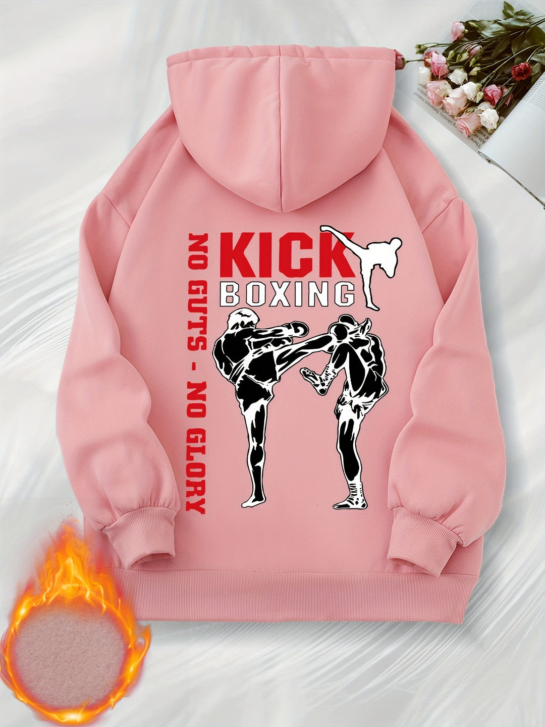 Women's Casual Boxing Print Fleece-Lined Hoodie with Drawstring & Kangaroo Pocket - Cozy Long Sleeve Pullover, Machine Washable