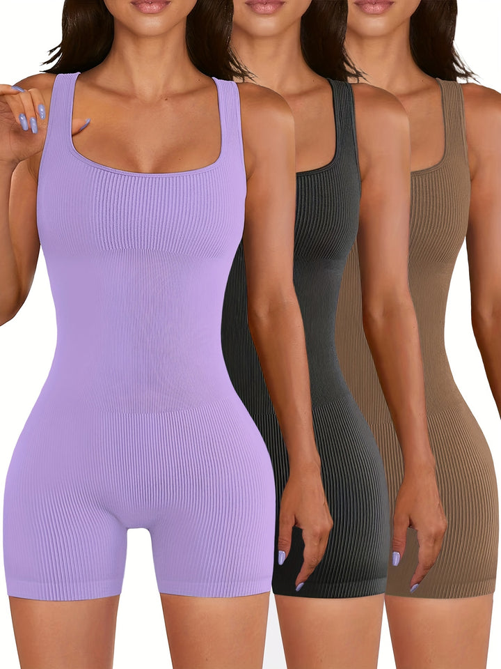 3pcs Women's Solid Color Sleeveless Yoga Jumpsuits, Seamless Ribbed Knit Gym Bodysuits, Casual Athletic Tank Rompers