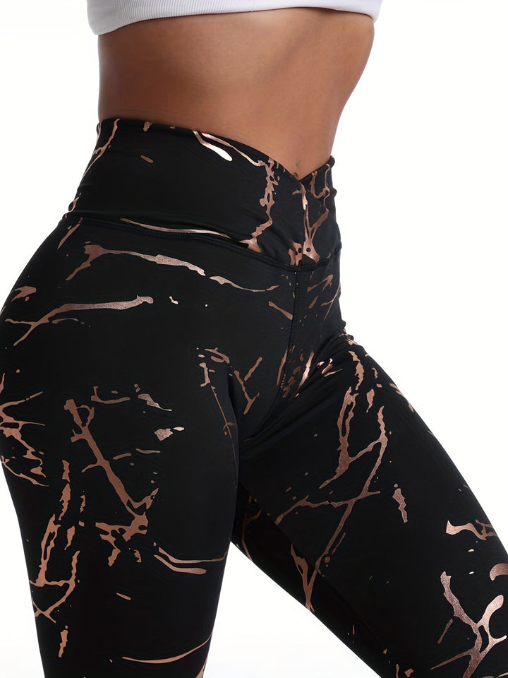 Chic Golden-Accented High-Waist Tummy Control Yoga Leggings with Cross-Waist Design - Stretchy, Non-See-Through Activewear for Women