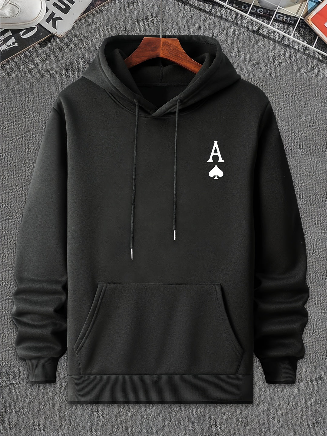 Men's Casual Pullover Hoodie with Geometric Spade Print, Polyester, Regular Fit, Knit Fabric, Pocket Detail, Sports Sweatshirt