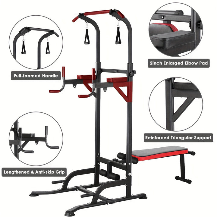 1pc LIFERUN Multifunctional Iron Power Tower Dip Station with Foldable Bench and Pull-Up Bar - Door Mount Strength Training Equipment for Home Gym, Includes Training Bands, 200KG Load Capacity