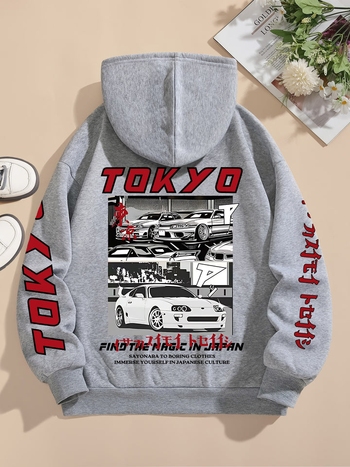 Women'S Casual Hooded Sweatshirt with Graphic Car Print, 100% Polyester Knit Fabric, All-Season Drawstring Hoodie, 250gsm - Fashionable & Comfortable