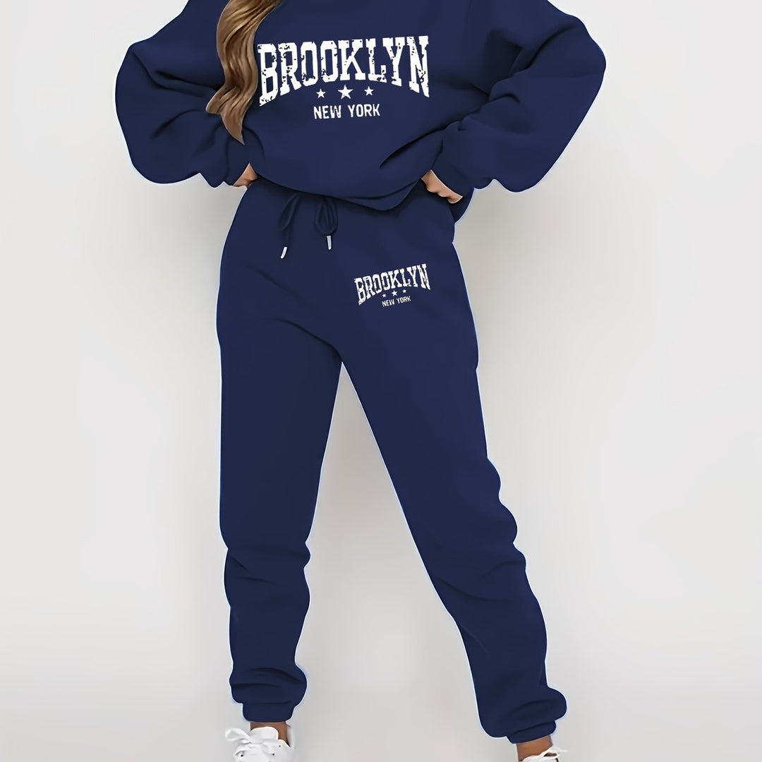 Brooklyn New York Casual Tracksuit Set for Women - Polyester Crew Neck Sweatshirt and Joggers with Alphabet Print - Knit Fabric, Regular Fit Lounge Wear for All Seasons