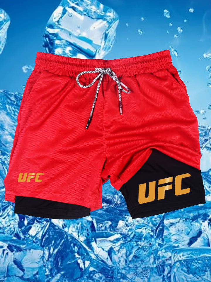 Men's UFC-Inspired Performance Shorts - Black, 100% Polyester with White Drawstring & "UFC" Print, Elastic Waistband, Ideal for Gym, Fitness, Boxing, Hiking, Daily Wear & Sports Activities