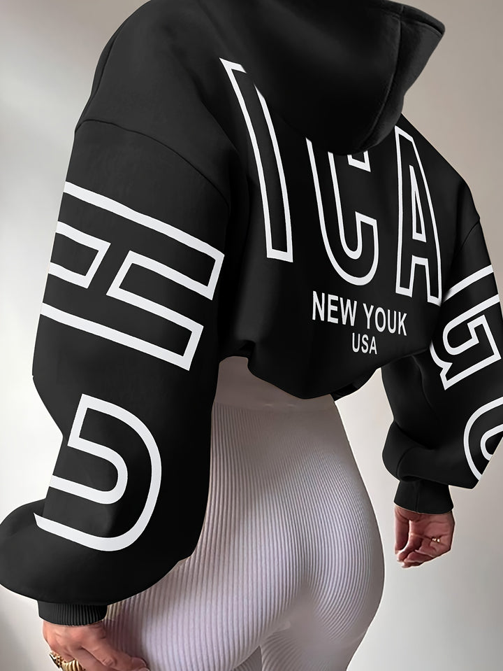 SPECHIR Chic Women's Black Hoodie with White "NEW YORK" Lettering - Elegant Polyester Knit, Long Sleeve, Drop Shoulder Design, Machine Washable for Fall/Winter, Oversized Hoodie