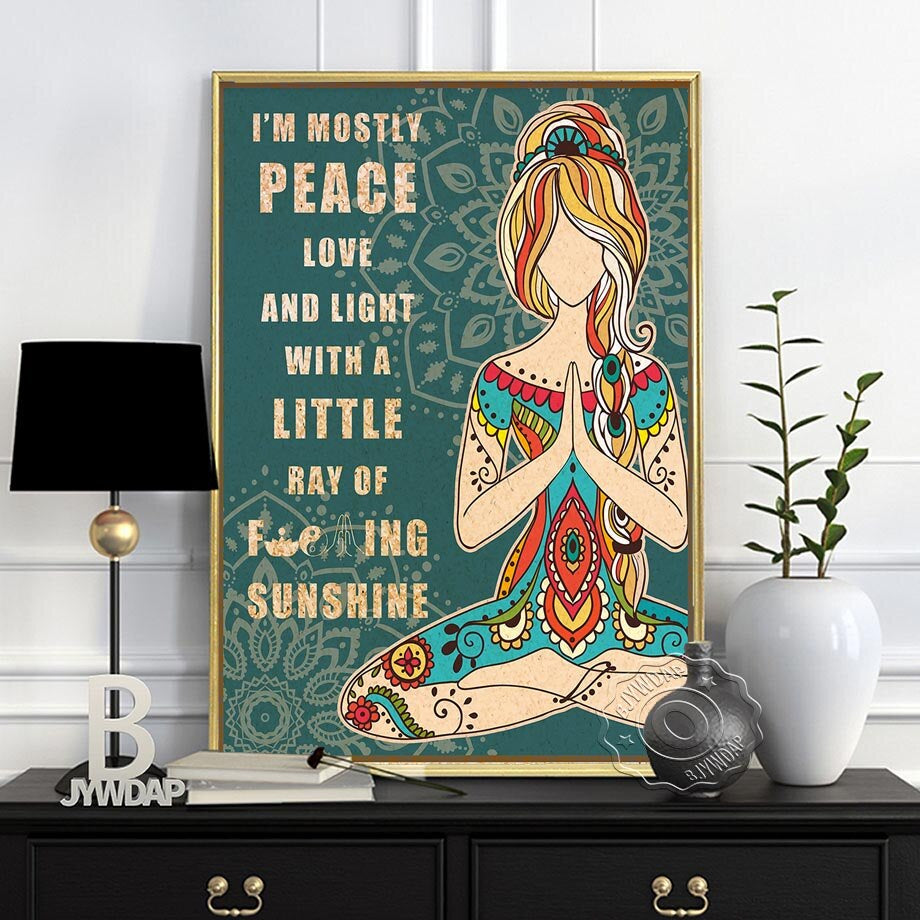 Nordic Style Meditation Relaxed Wall Art Picture, Yoga Blue Green Retro Art Poster, Namaste Yoga Gym Home Living Room Decor Gift
