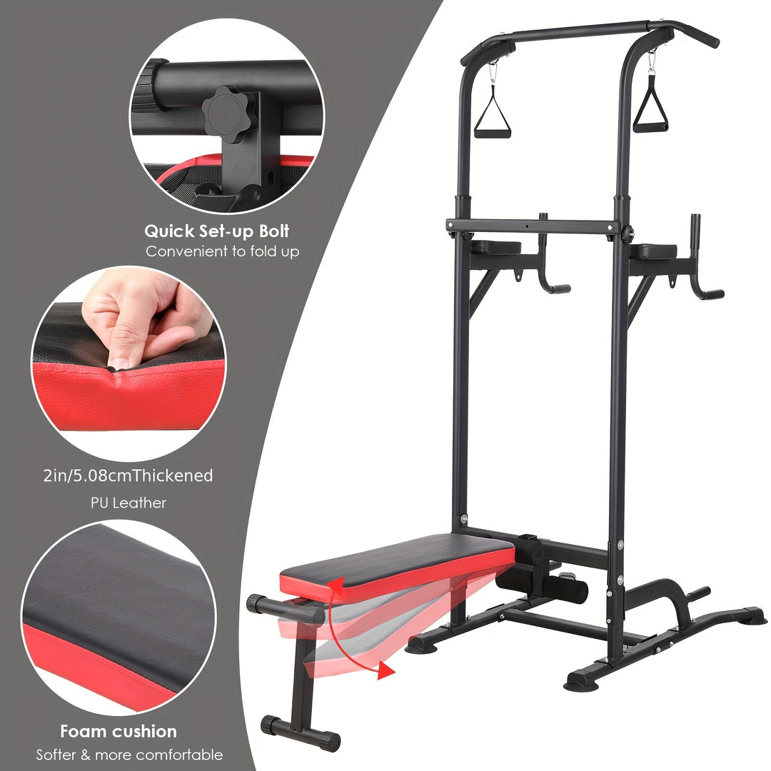 1pc LIFERUN Multifunctional Iron Power Tower Dip Station with Foldable Bench and Pull-Up Bar - Door Mount Strength Training Equipment for Home Gym, Includes Training Bands, 200KG Load Capacity