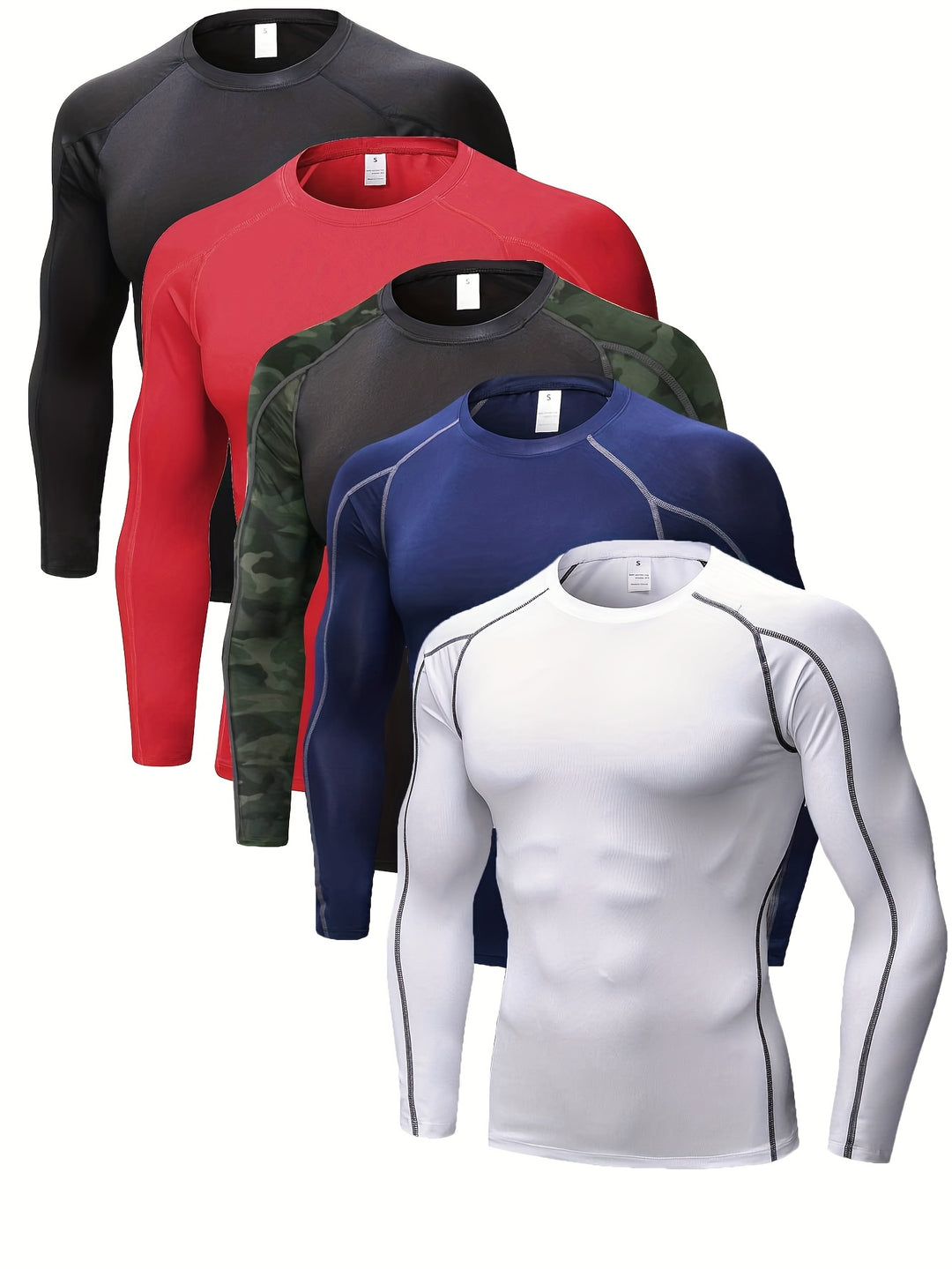 5pcs Men's Long Sleeve Quick-Dry, Moisture-Wicking Compression T-Shirts - Spandex/Polyester Athletic Tops in Black, Gray, Navy, White & Camo for Running & Training, Gym Shirts