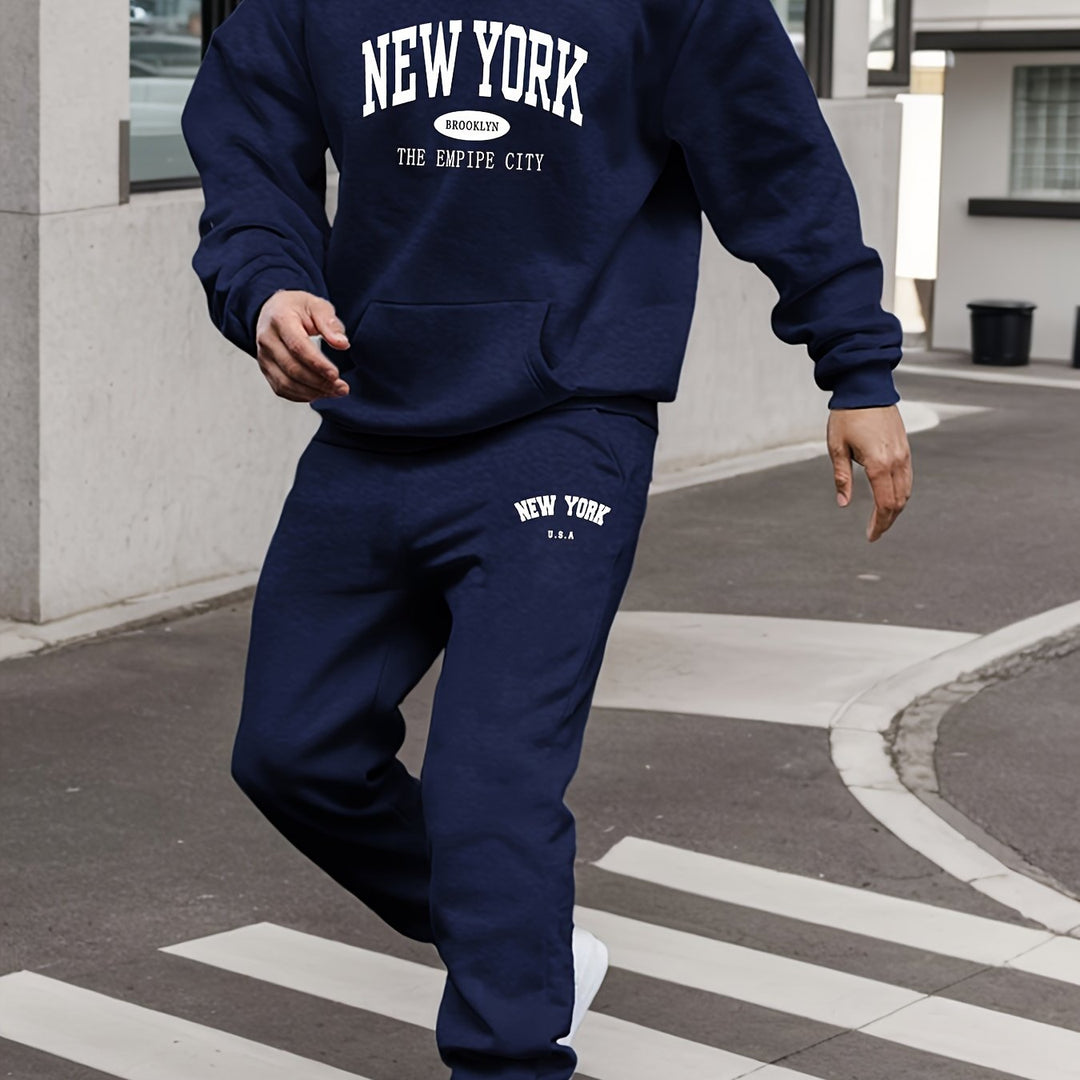 Men'S Thickened Fleece Sports Suit with New York Letter Print, Spring And Autumn Hooded Sweatshirt Set, Long Sleeve Casual And Comfortable with Pockets, Two-Piece Hoodie And Sweatpants.