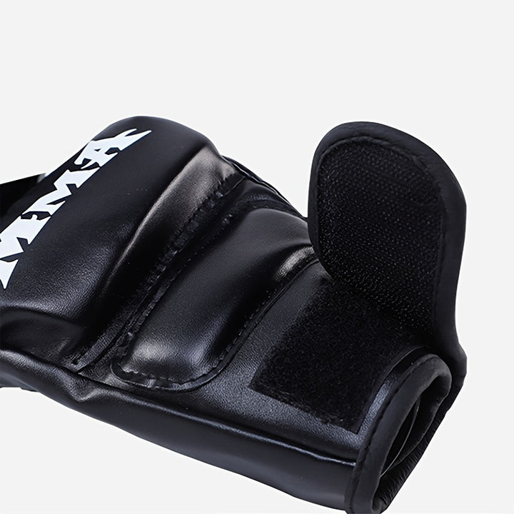 1 Pair Adult Half-Finger MMA Boxing Gloves with Hook & Loop Closure - Durable PU Material, Available in White/Red/Black