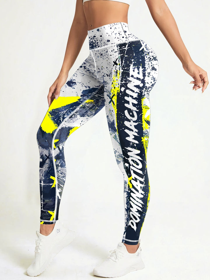 Fashionable Letter Printed High Waist Yoga Leggings - Bold Graffiti Color Block Design, Butt Lifting & Tummy Control, Womens Performance Running Tight Pants