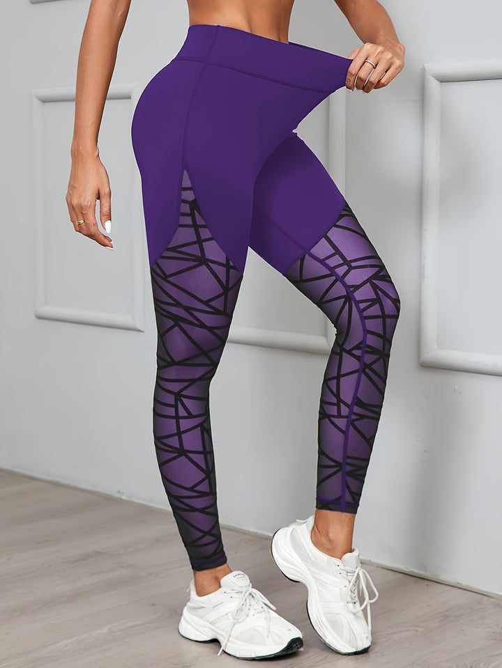 Women's High Waist Geometric Mesh Stitching Daily Fitness Yoga Leggings, Women's Activewear