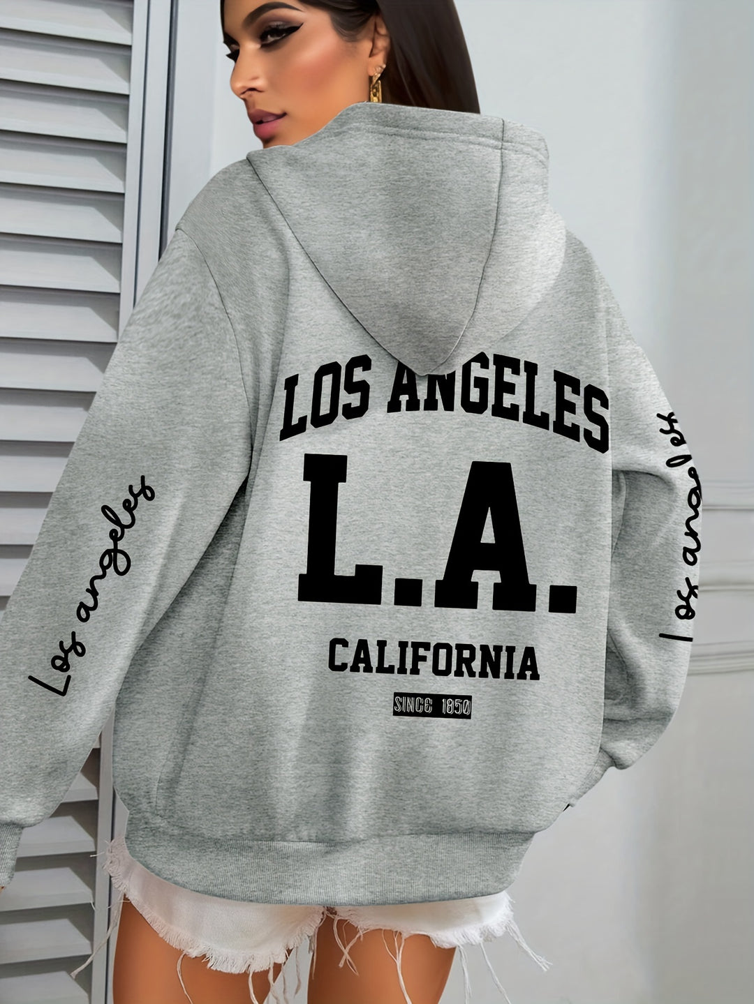 Women'S Plus Size Casual Hoodie with Los Angeles Print, Long Sleeve Pullover Sweatshirt with Pocket, 100% Polyester Knit Fabric, Slight Stretch, Fall/Winter Hooded Clothing