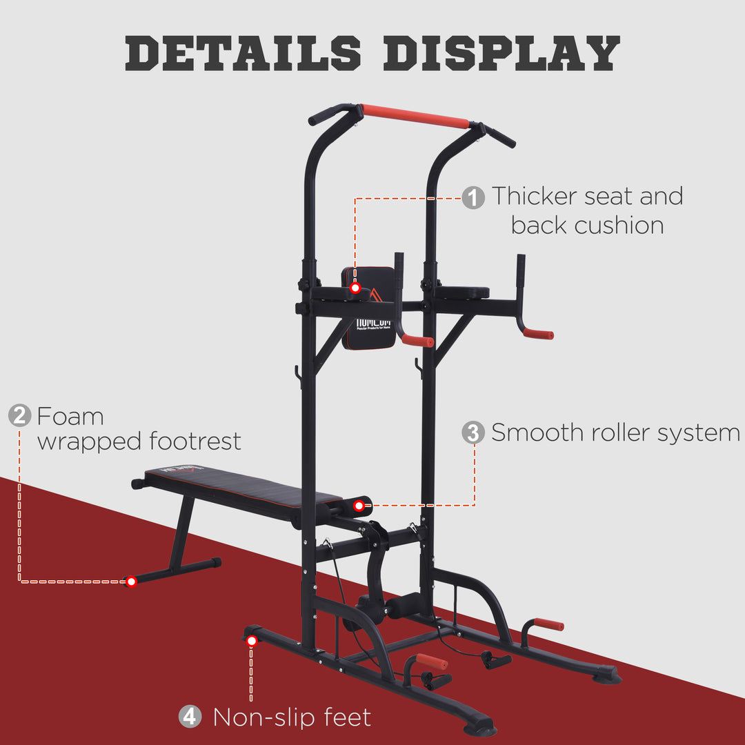 Multifunction Power Tower Home Workout Dip Station w/ Sit-up Bench Push-up Bars and Tension Ropes Fitness Equipment Office Gym Training