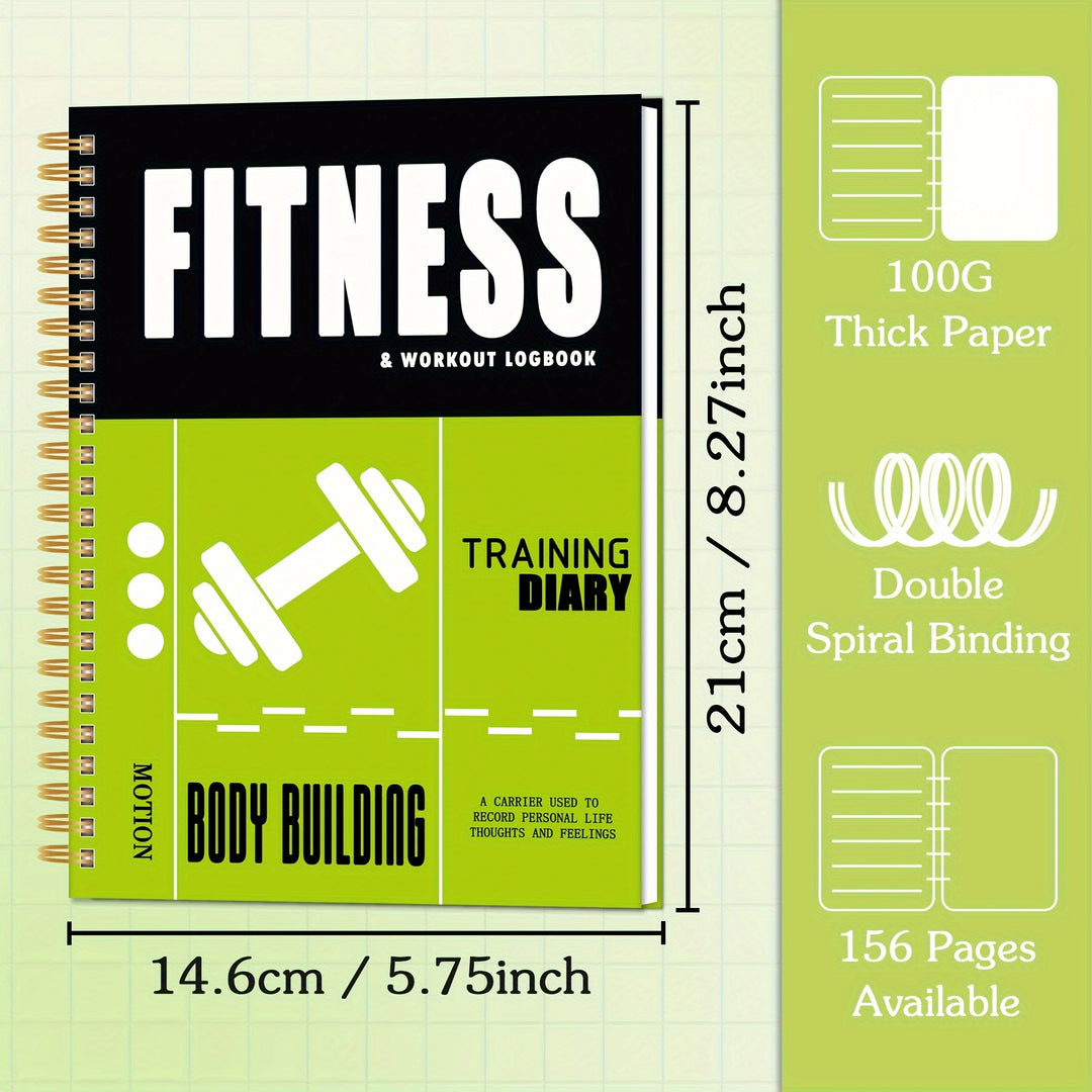 Premium Spiral-Bound Fitness Logbook - Green & Black, 14.61 x 21.01cm, 156 Pages, Thick Paper for Weight Loss, Muscle Gain & Health Tracking