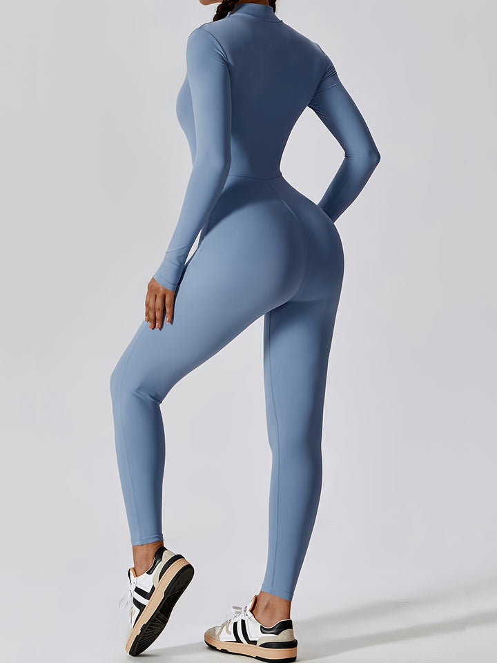 Zip-up Long-sleeved Yoga Jumpsuit, Solid Color Slim Fit Fitness Sports Jumpsuit, Women's Activewear