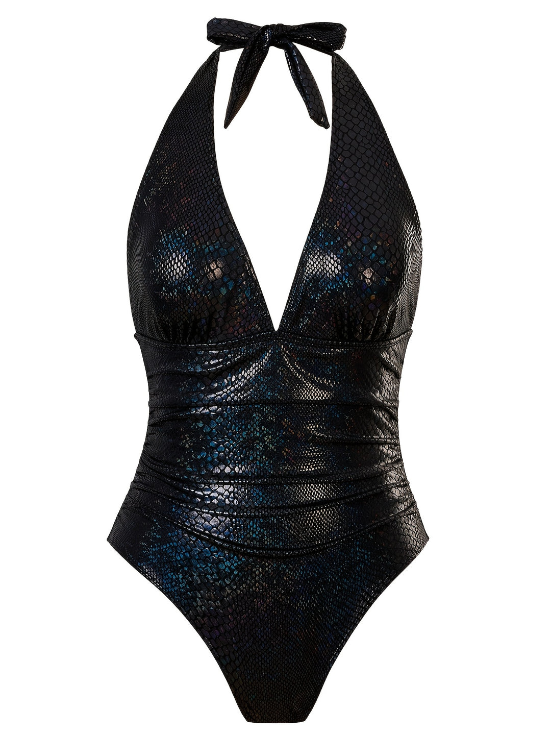 Elegant One-Piece Swimsuit for Women - Deep V-Neck, High Cut with Built-In Bra Pad, Snake Skin Fabric, Fish Scale Pattern, Waist Pleat, Solid Color, Stretchable Polyester