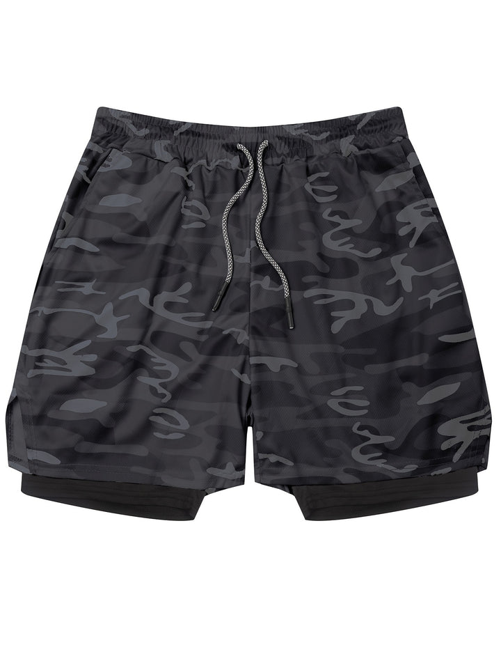 Men's Camouflage Pattern Double-layer Shorts With Drawstring And Pockets, Quick Dry And Comfy Shorts For Summer Fitness, Basketball And Running Wear