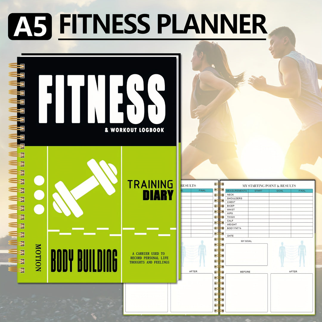 Premium Spiral-Bound Fitness Logbook - Green & Black, 14.61 x 21.01cm, 156 Pages, Thick Paper for Weight Loss, Muscle Gain & Health Tracking