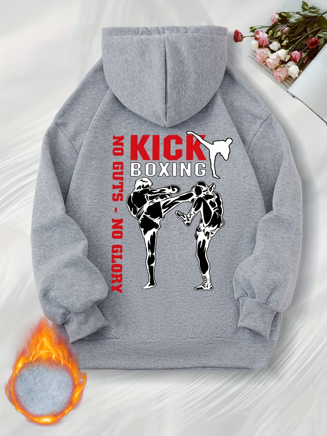 Women's Casual Boxing Print Fleece-Lined Hoodie with Drawstring & Kangaroo Pocket - Cozy Long Sleeve Pullover, Machine Washable