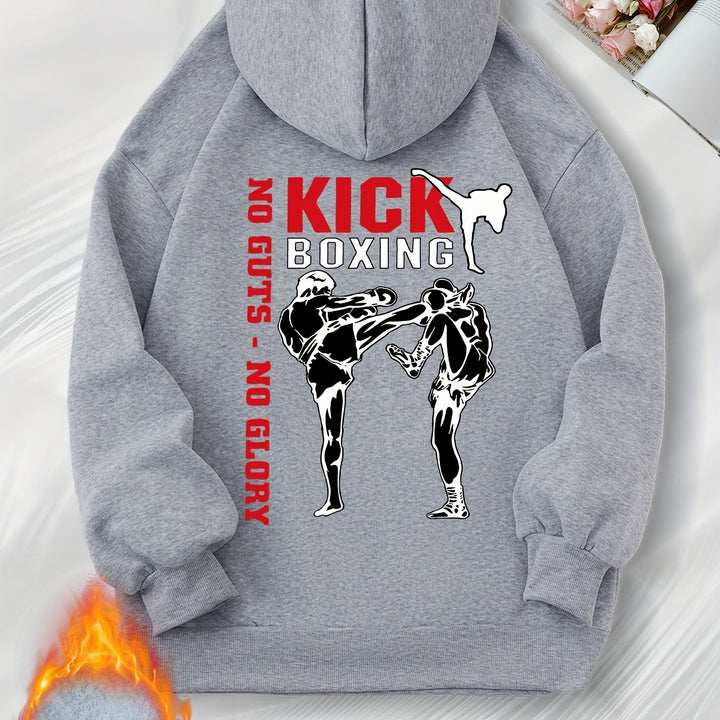 Women's Casual Boxing Print Fleece-Lined Hoodie with Drawstring & Kangaroo Pocket - Cozy Long Sleeve Pullover, Machine Washable