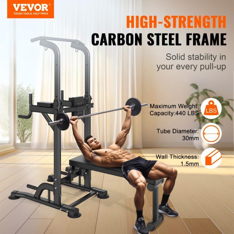 Adjustable 10 Level Power Tower with Detachable Bench Multi Function Dip Station and Pull Up Bar Home Gym Fitness Equipment for Strength Training Up to 199.58KG