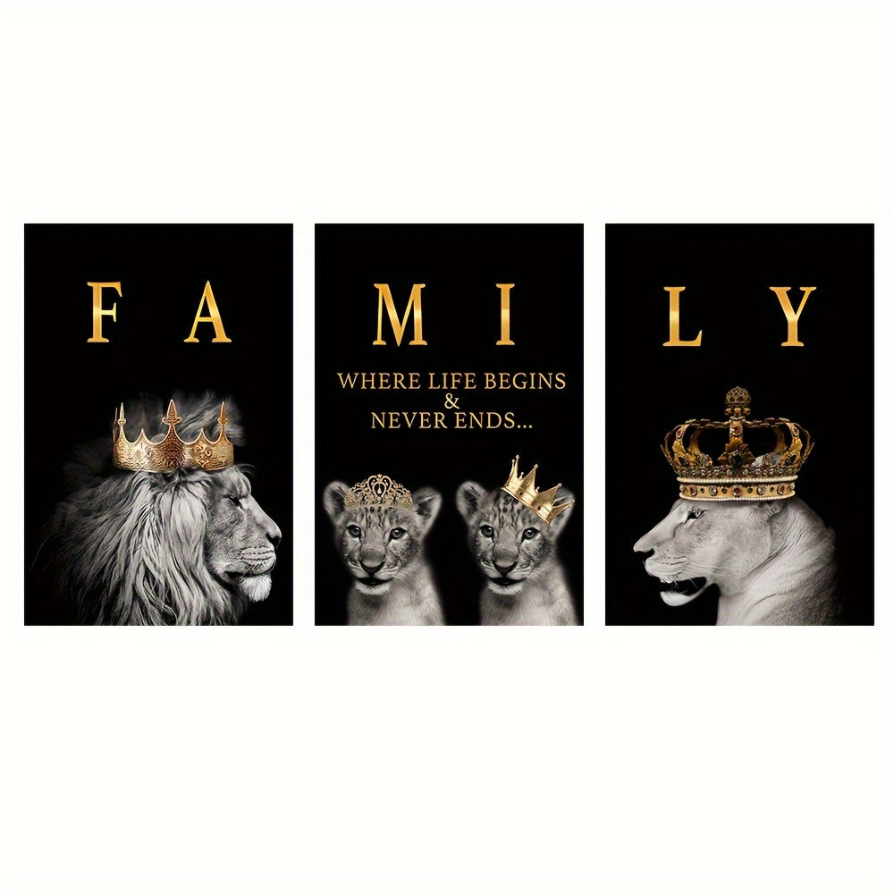 3pcs 15.7*23.6in/40cm*60cm Frameless Modern Abstract Family Of Lions Motivational Quotes Wall Art Canvas Painting Art for Living Room Cuadros Decor No Frame