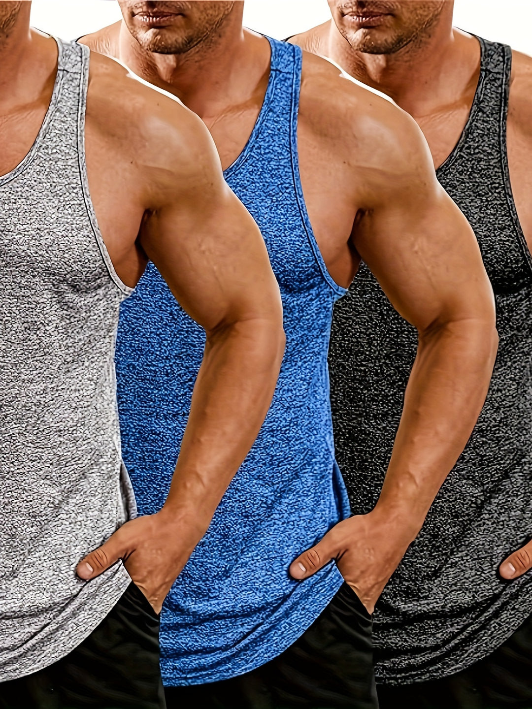 Men's 3pcs Set Of Casual And Chic Solid Crew Neck Sleeveless Sports Tank Tops, Sports Vest Suitable For Summer Fitness, Workout And Training Wear