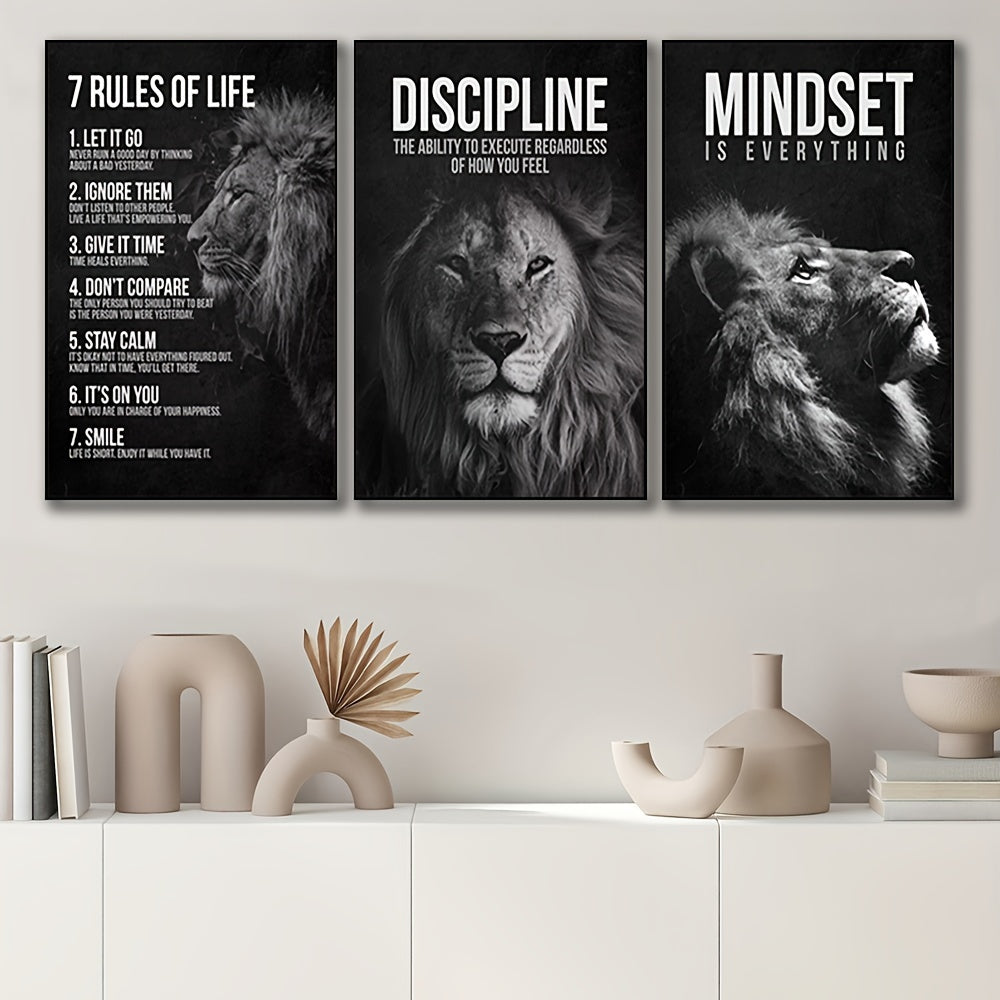 Inspirational Lion King Canvas Poster Prints, Set of 3, Frameless Motivational Wall Art for Home Office, Living Room, Bedroom - Art Deco, Classic, Contemporary Styles, Animal Print Theme, Indoor Portrait Orientation