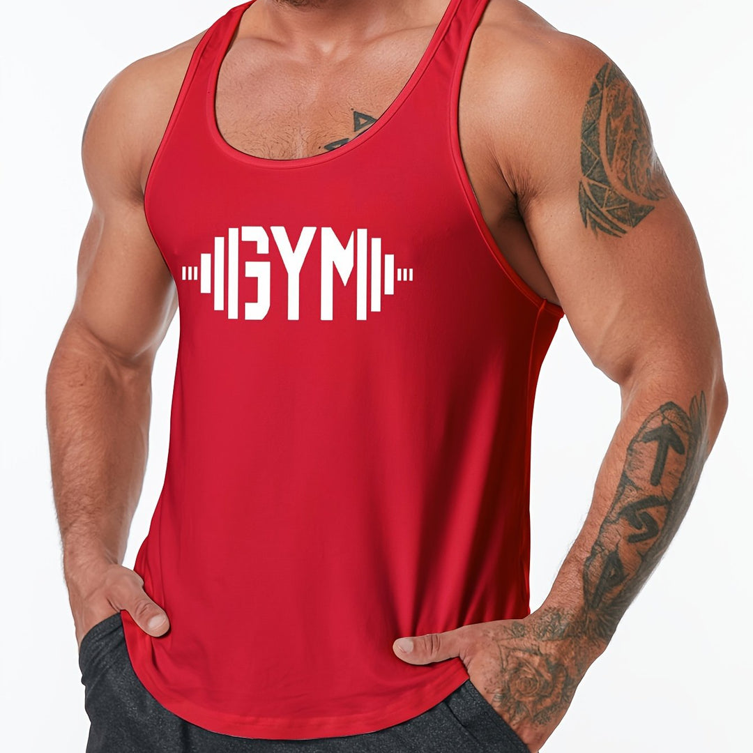 GYM Dumbbell Pattern Men's Summer Tank Top, Men's Breathable Lightweight Top For Fitness