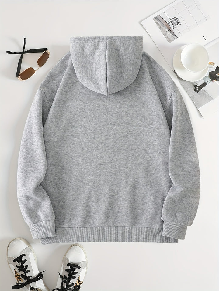 Women's Sports Hoodie With Pocket, Drawstring Design, Long Sleeve, Letter And Ecg Print, Plush Lined, For Fall & Winter