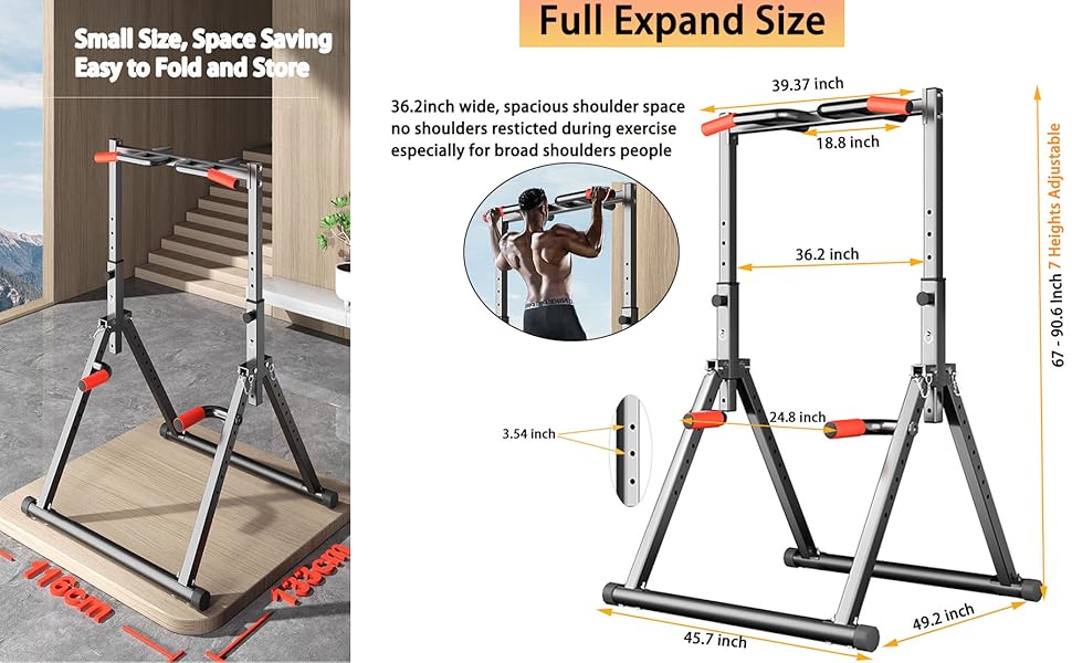 Foldable Power Tower Pull Up Staion Dip Bar Staion Freestanding Multifunctional Fitness Tower Station for Pull-Up/Dips/Push-Up/Chain Up Strenghth Training Home