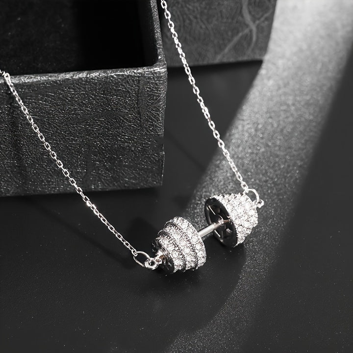 A Trendy And Creative Necklace With Zirconia Inlaid Dumbbell Pendant, Suitable For Both Men And Women For Casual Parties, Sports, Fitness, And As A Fashionable Accessory Gift.