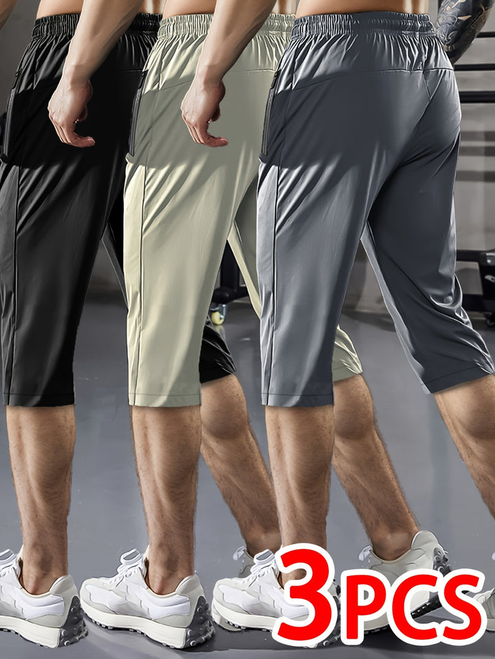 3pcs Men'S Casual Active Polyamide Shorts, High Stretch Knit Fabric, Solid Color, Straight Leg, with Pockets, Elastic Waist with Drawstring