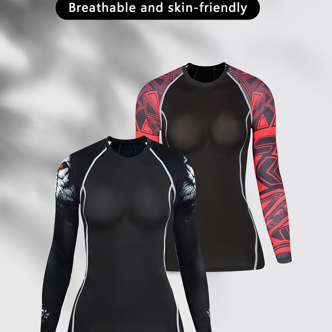 2pcs Women'S Compression Sports Tops, Quick-Dry Long Sleeve Fitness Shirts, Breathable Soft Knit Fabric, Crew Neck, High Stretch Polyester, with Unique Print Design for Yoga & Running