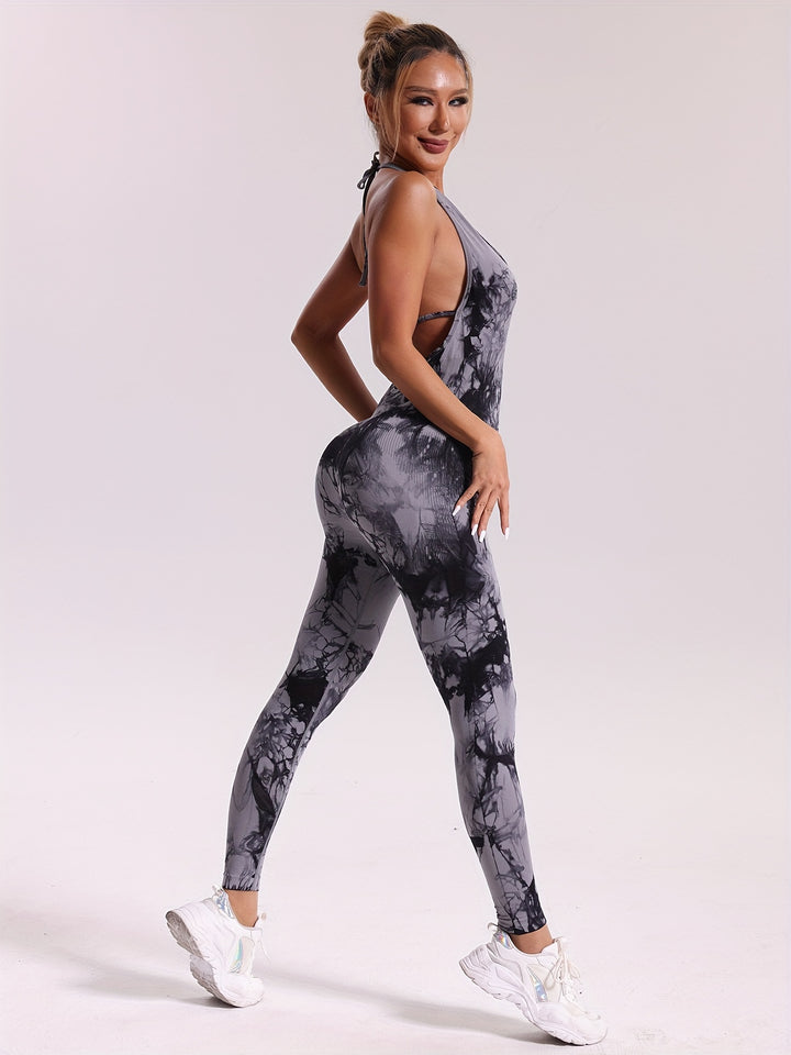 Tie Dye Halter Neck Sports Jumpsuits, Seamless Backless Sexy Yoga Workout Catsuit, Women's Activewear