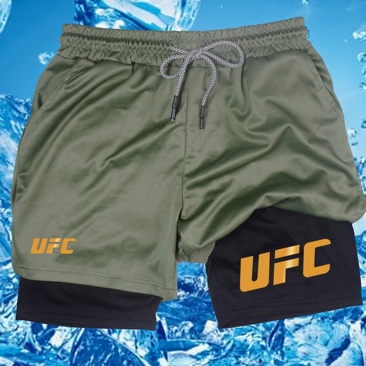 Men's UFC-Inspired Performance Shorts - Black, 100% Polyester with White Drawstring & "UFC" Print, Elastic Waistband, Ideal for Gym, Fitness, Boxing, Hiking, Daily Wear & Sports Activities