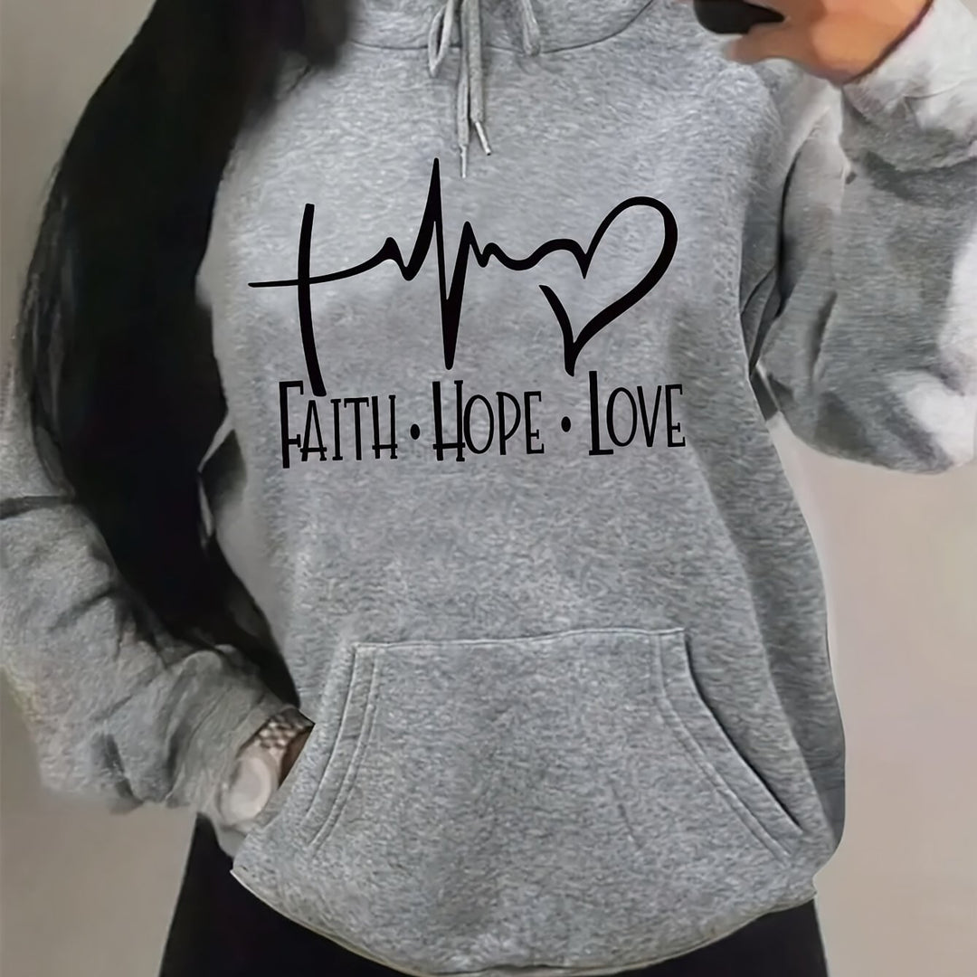 Women's Sports Hoodie With Pocket, Drawstring Design, Long Sleeve, Letter And Ecg Print, Plush Lined, For Fall & Winter