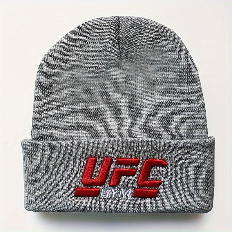 1pc Men's UFC-Inspired Knit Beanie - Black with Red & White Logo, 100% Acrylic, Stretchy Ribbed Winter Sports Hat, Hip Hop Style