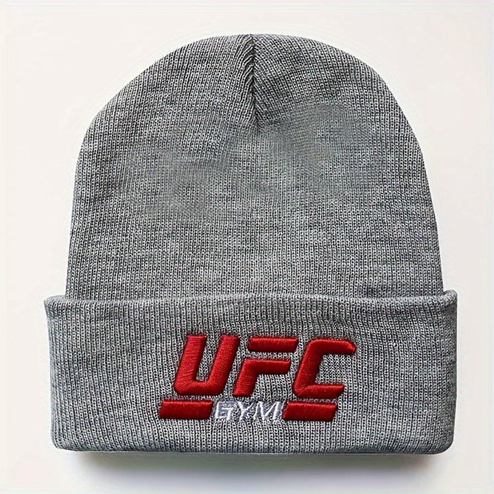 1pc Men's UFC-Inspired Knit Beanie - Black with Red & White Logo, 100% Acrylic, Stretchy Ribbed Winter Sports Hat, Hip Hop Style