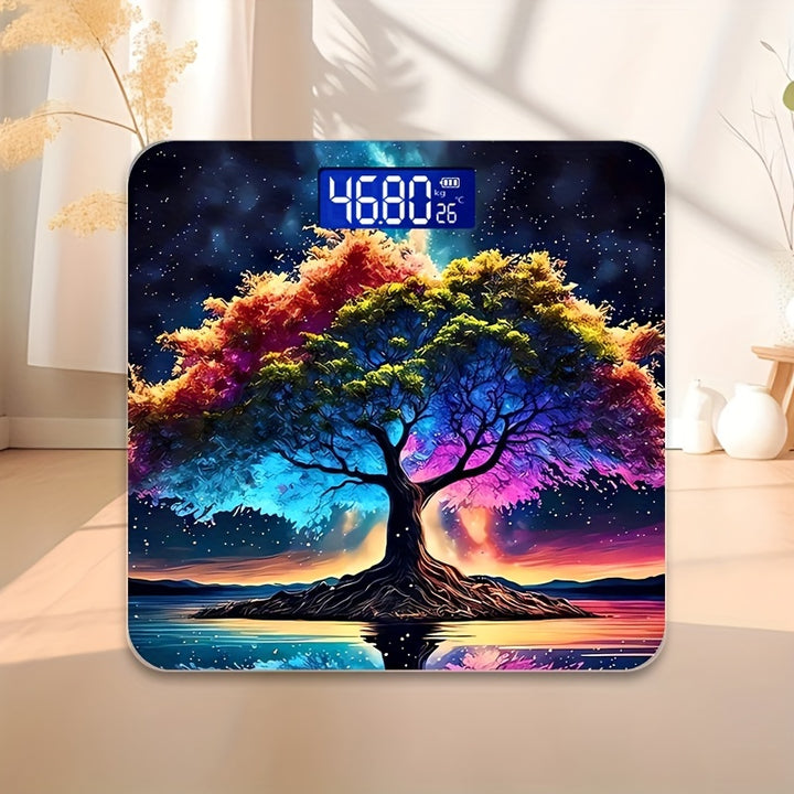 High Precision Digital Bathroom Scale with Vibrant Tree Design, Non-Slip, 396lb Capacity, AAA Battery Powered, Sensor Technology with 0.2kg Minimum Weighing - Batteries Not Included