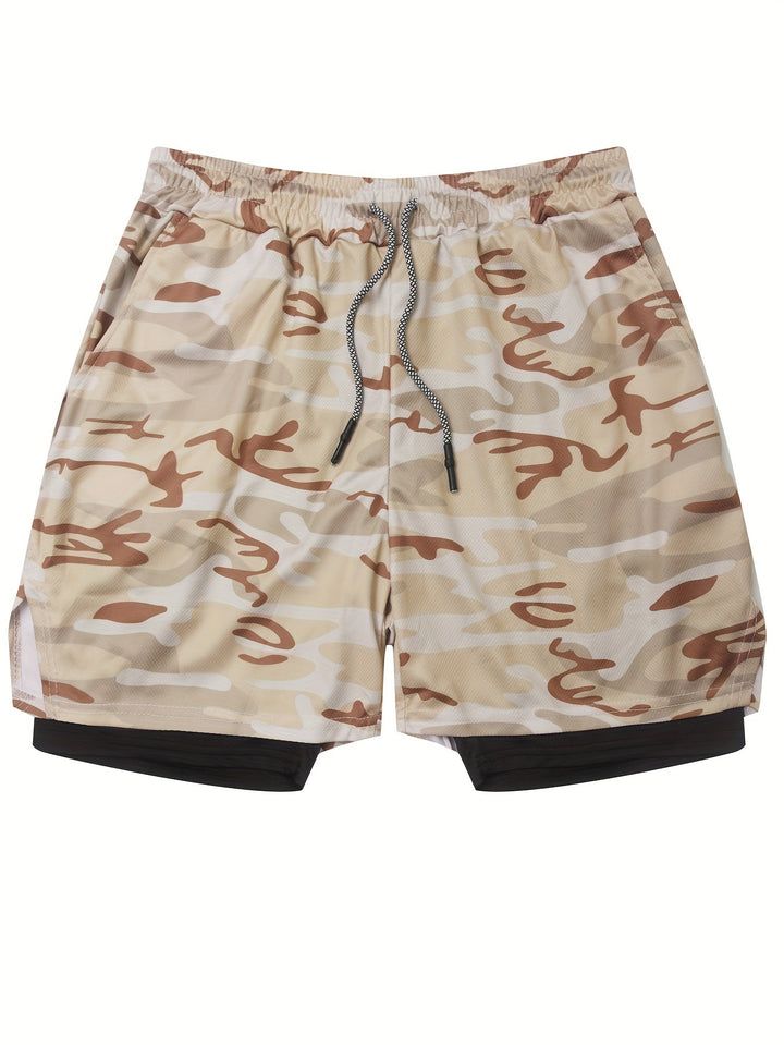 Men's Camouflage Pattern Double-layer Shorts With Drawstring And Pockets, Quick Dry And Comfy Shorts For Summer Fitness, Basketball And Running Wear