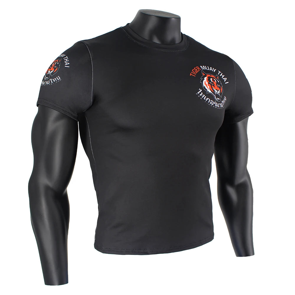 Black Stretch Fabric Fitness Sports Fierce T Shirt MMA Boxing Jerseys Tiger Muay Thai Rashguard Jiu Jitsu Sauna Suit King Boxing