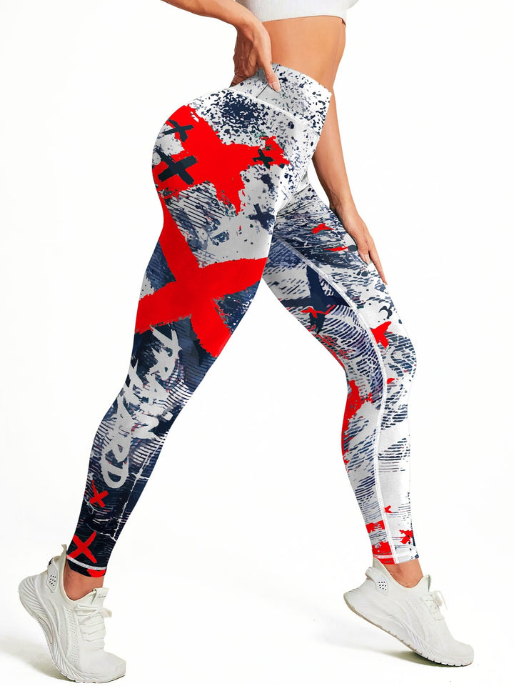 Fashionable Letter Printed High Waist Yoga Leggings - Bold Graffiti Color Block Design, Butt Lifting & Tummy Control, Womens Performance Running Tight Pants