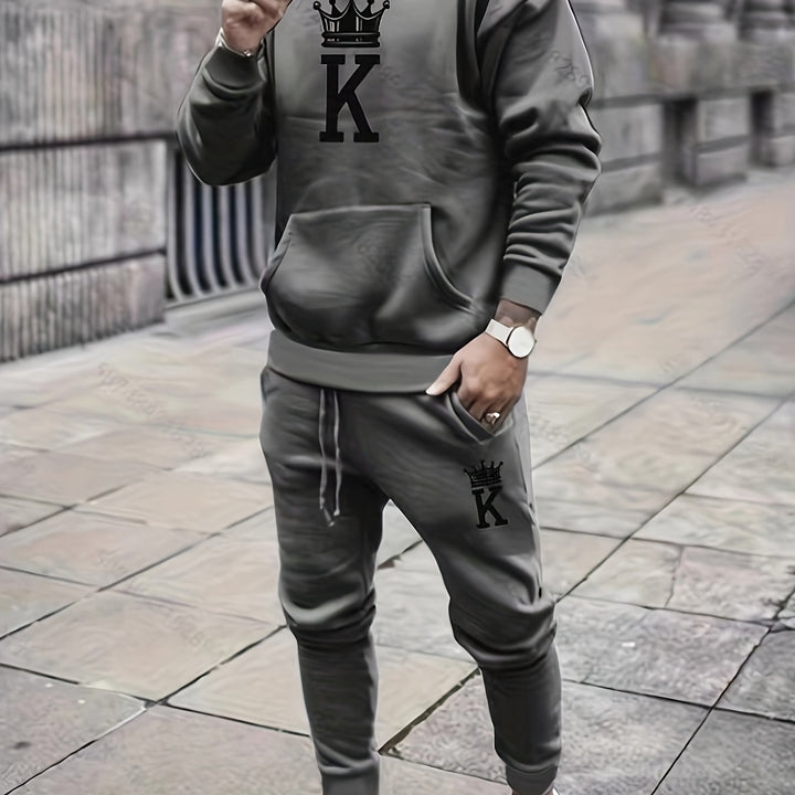 Men's Classic Athletic & Casual Print Hoodie Set - Polyester, Long Sleeve with Drawstring Pants, Perfect for Fall/Winter